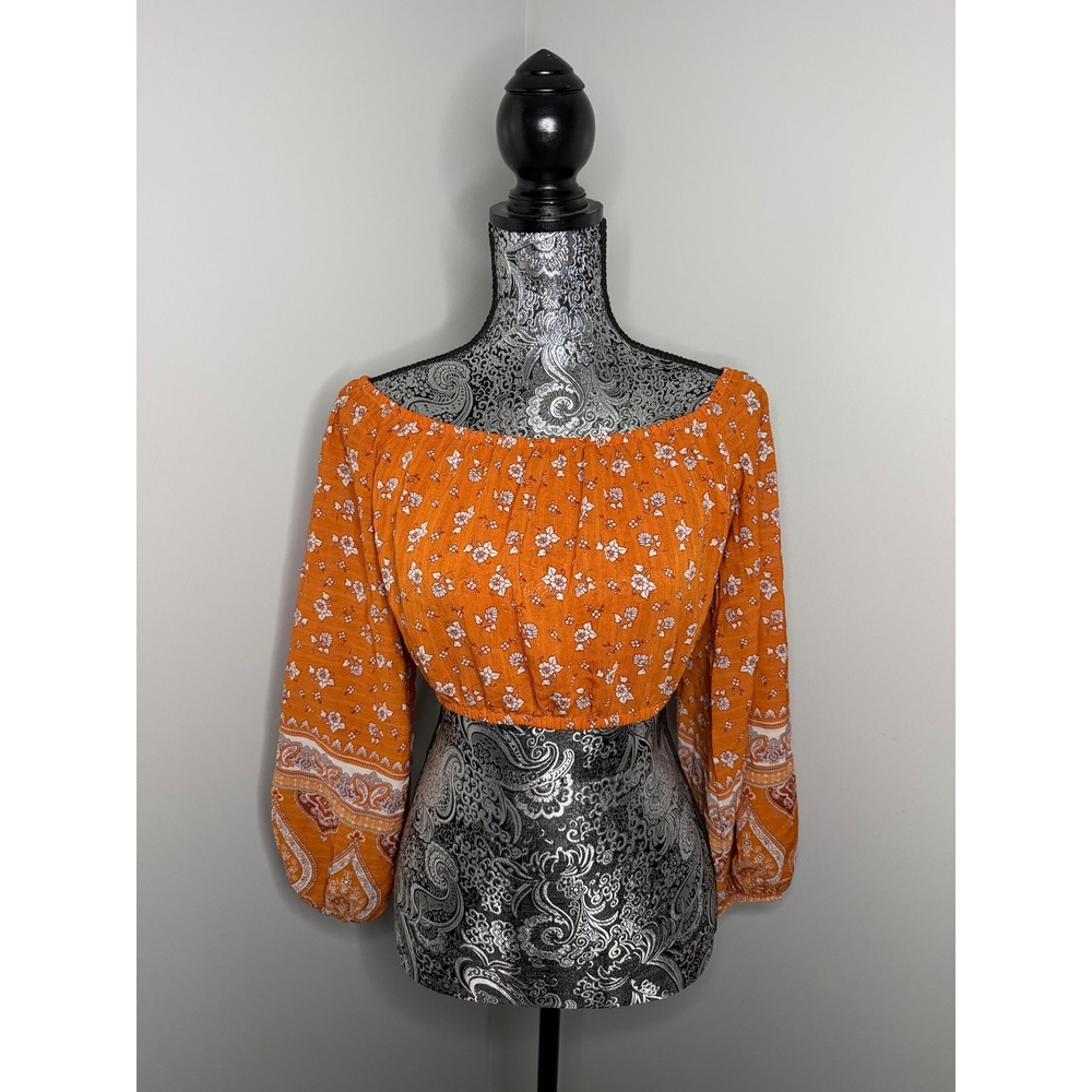 Forever 21 Rust Floral Paisley Boho Cropped Blouse Long Puff Sleeve Y2K Medium